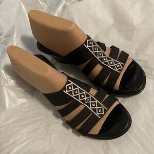 Black Italian shoemakers wedges with sequin ribbon top